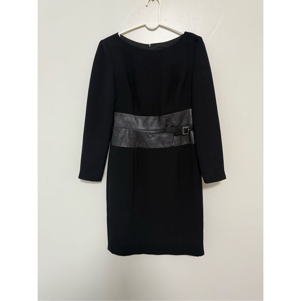 Shani Vintage Black Crepe Leather Waist Belt Long Sleeve Dress sz 4 EUC